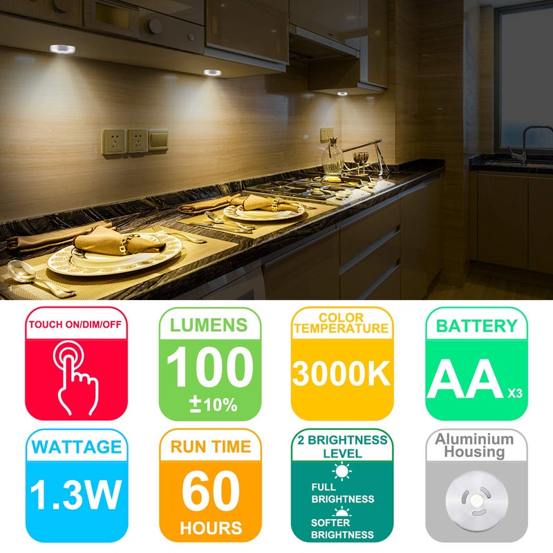 HONWELL Wireless Spotlight Indoor, Magnetic Push Lights, Stick on Puck Light, ALUMINIUM Mini Accent Lights Battery Operated, 100LM, 2 Brightness Level LED Closet Light for Cabinet,Art,Kitchen(3.3Inch) - Image 3
